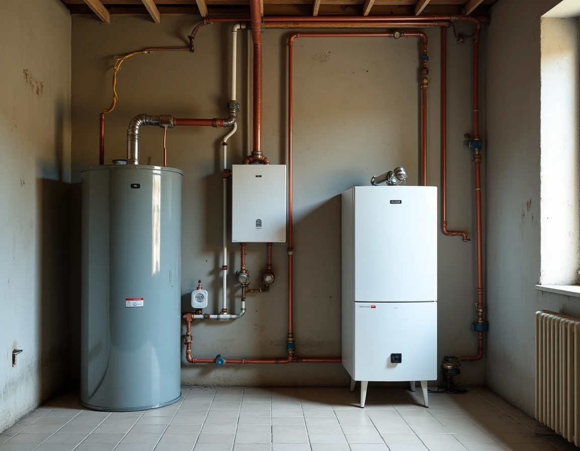 Chaufferie avec ancienne chaudière fioul et nouvelle pompe à chaleur installées côte à côte lors d'une rénovation énergétique