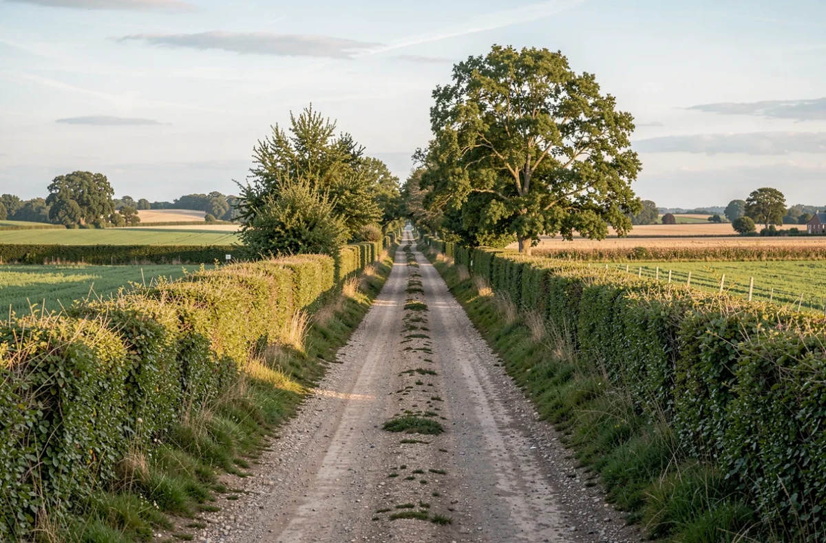 Chemin de campagne bordé de haies entre deux champs