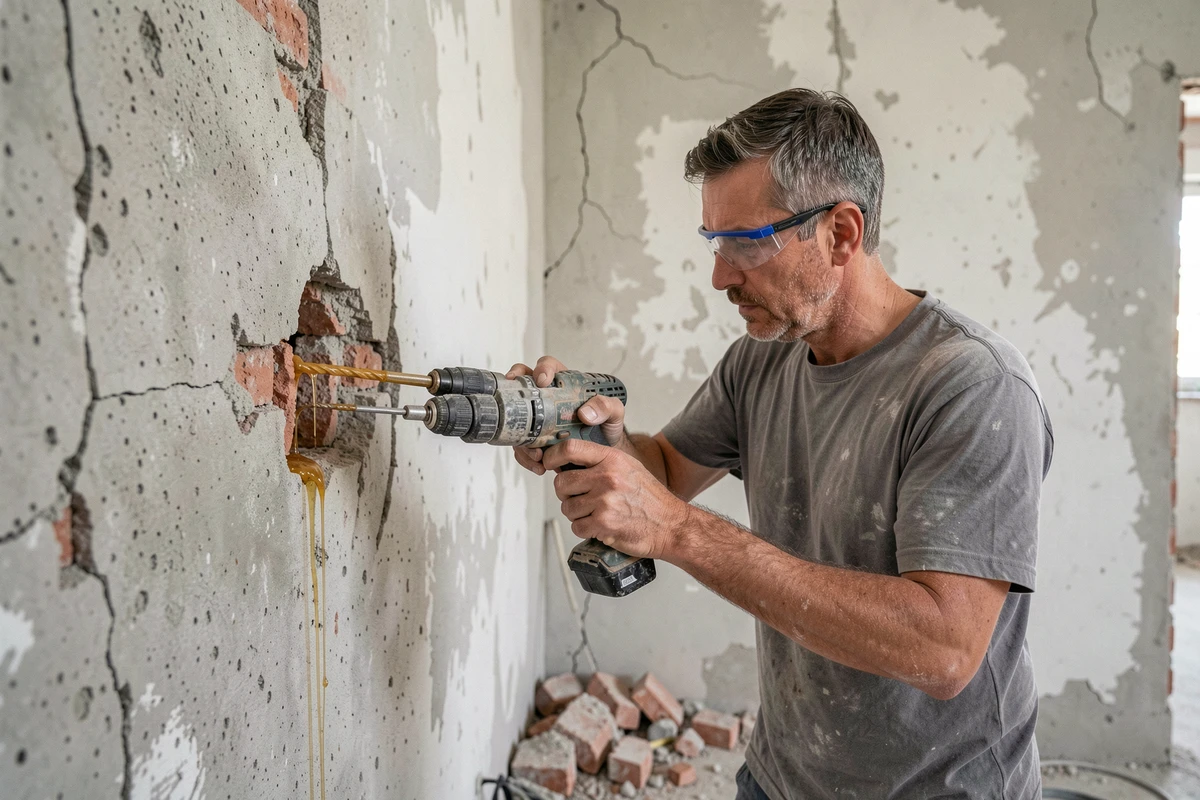 Artisan injectant de la résine de cheville chimique dans un trou de perçage trop large dans un mur en béton friable lors d'une rénovation intérieure