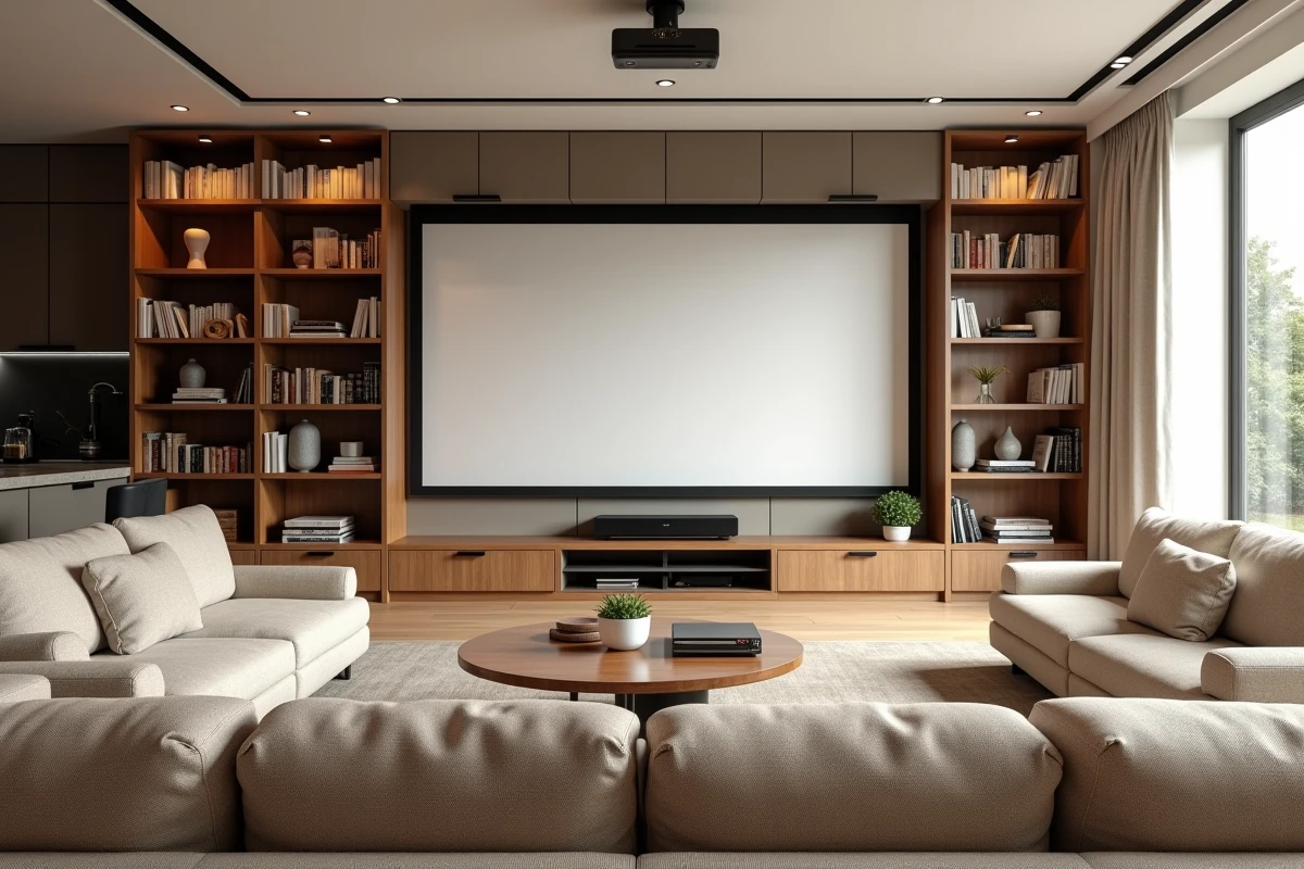 Salle de cinéma intégrée dans un salon familial moderne avec écran rétractable, projecteur au plafond et bibliothèque murale