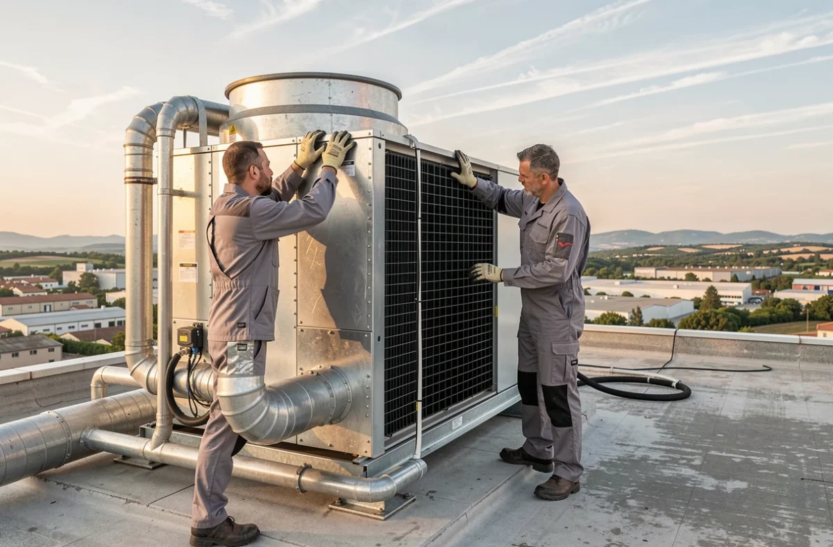 Deux techniciens CLIMAFROID inspectant une pompe à chaleur sur toiture d'un bâtiment industriel