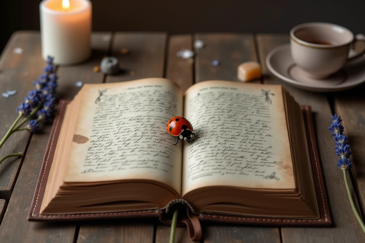 Coccinelle sur un livre ésotérique ouvert entouré de cristaux et de lavande séchée, symbolisme spirituel au quotidien