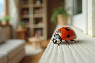 Coccinelle posée sur un rebord de fenêtre intérieur, symbole ésotérique de chance et de bon présage dans la maison