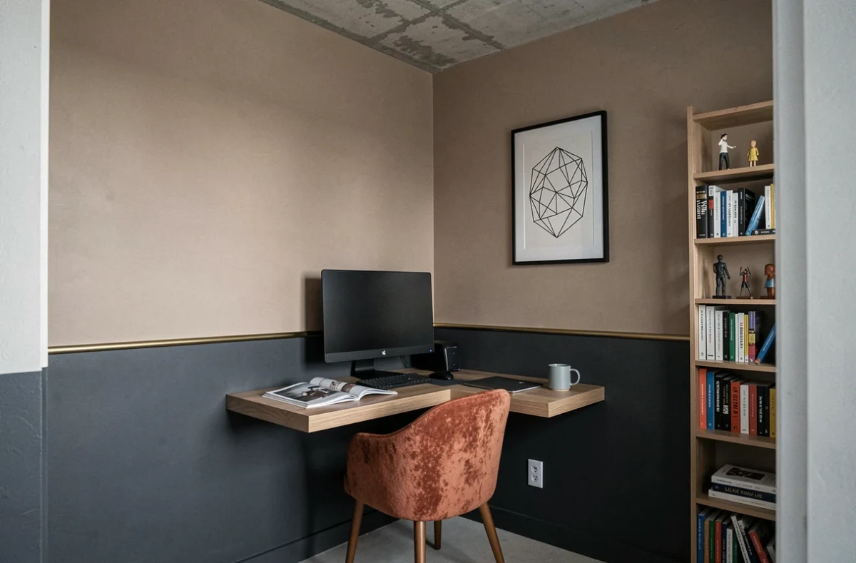 Coin bureau moderne dans une chambre de garçon ado avec mur bicolore gris charbon et greige tendance 2026
