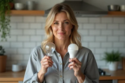 Femme comparant une ampoule incandescente et une ampoule LED dans une cuisine moderne pour illustrer la correspondance lumens et watts