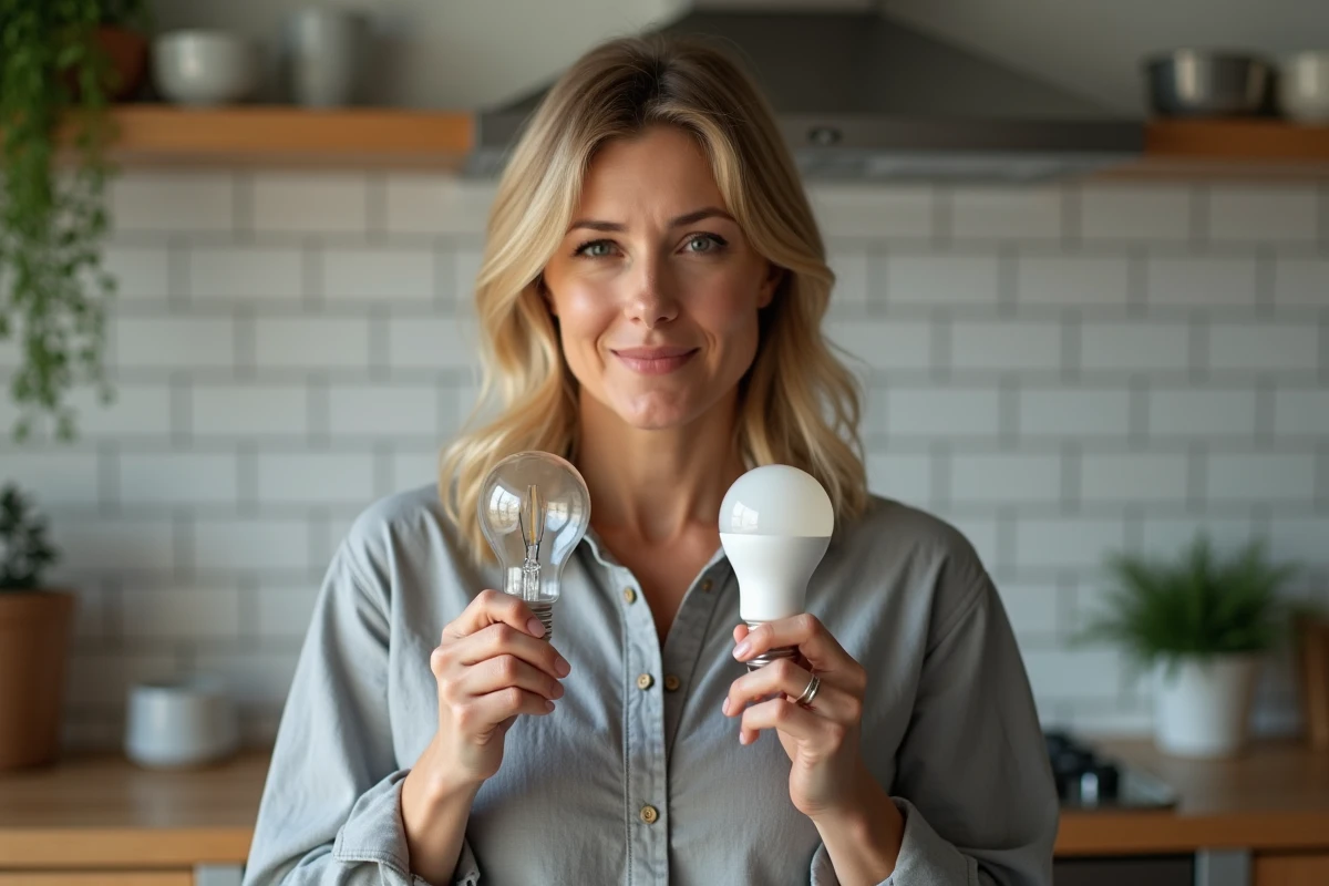 Femme comparant une ampoule incandescente et une ampoule LED dans une cuisine moderne pour illustrer la correspondance lumens et watts