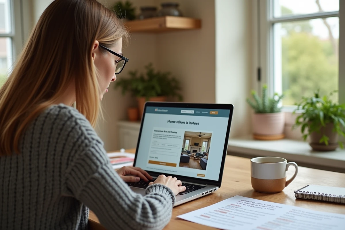 Femme comparant des devis de travaux en ligne sur un ordinateur portable à la maison