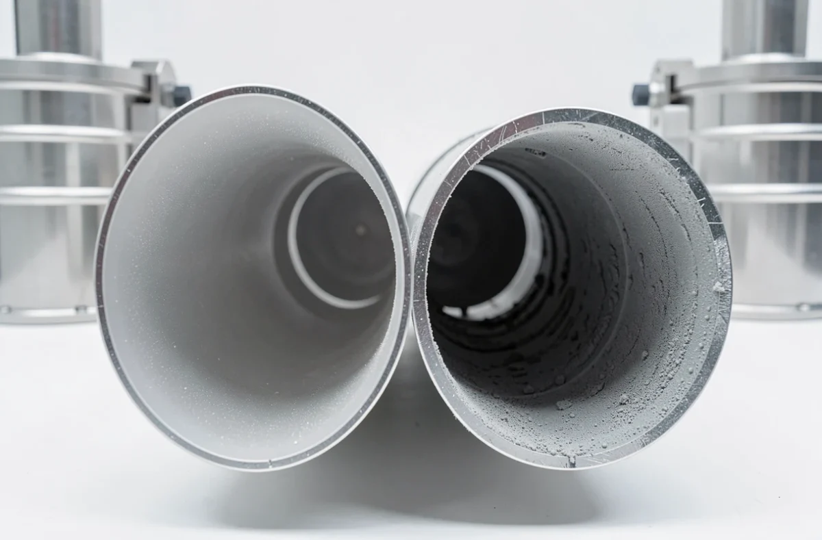 Comparaison de l'intérieur d'une gaine de ventilation traitée avec technologie anti-dépôt et d'une gaine non traitée recouverte de poussière