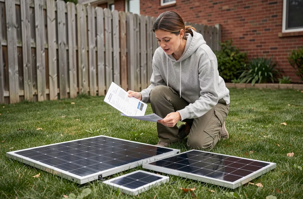 Femme comparant deux panneaux solaires de puissances différentes dans un jardin pavillonnaire