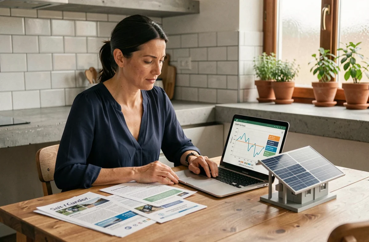 Femme comparant des spécifications de panneaux solaires à son bureau à domicile