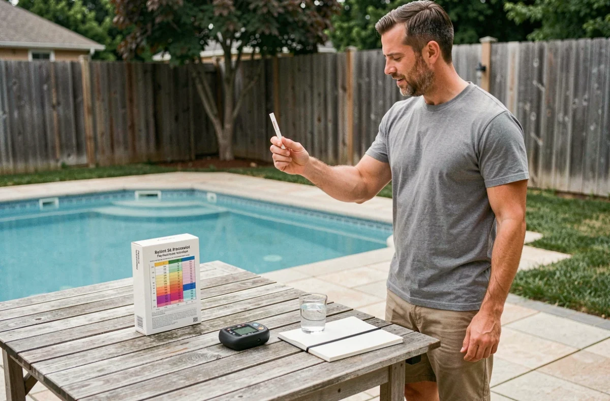 Homme comparant les résultats d'une bandelette de test sel avec un testeur numérique pour piscine