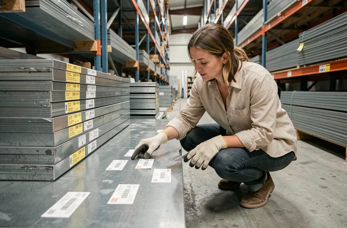 Femme comparant les étiquettes de prix sur des tôles acier 2 mm format 2000x1000 en entrepôt de bricolage