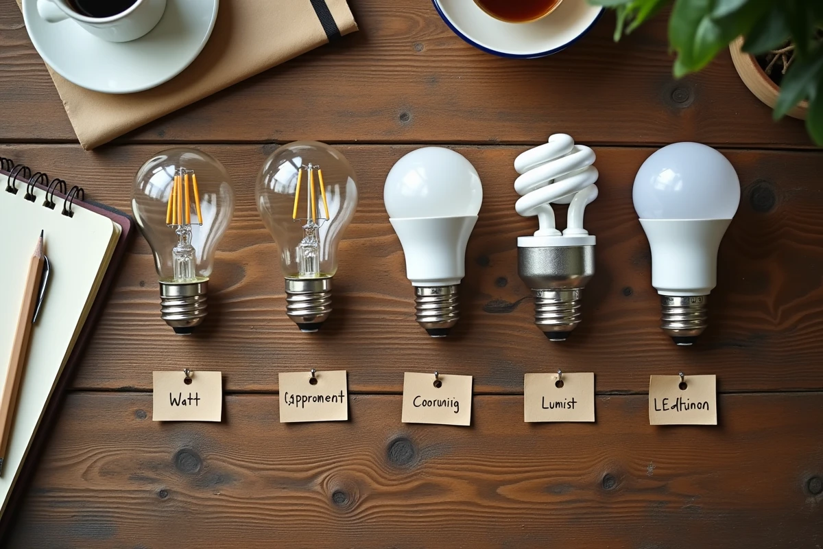 Quatre types d'ampoules alignées sur une table en bois avec des étiquettes manuscrites lumens et watts pour une comparaison visuelle simple
