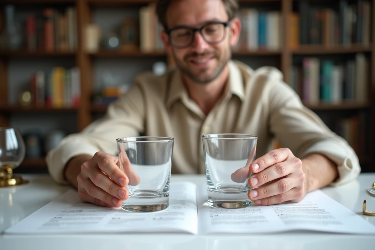 Collectionneur comparant un verre Portieux ancien et une réédition moderne sur une table d'examen, avec loupe et catalogue de référence