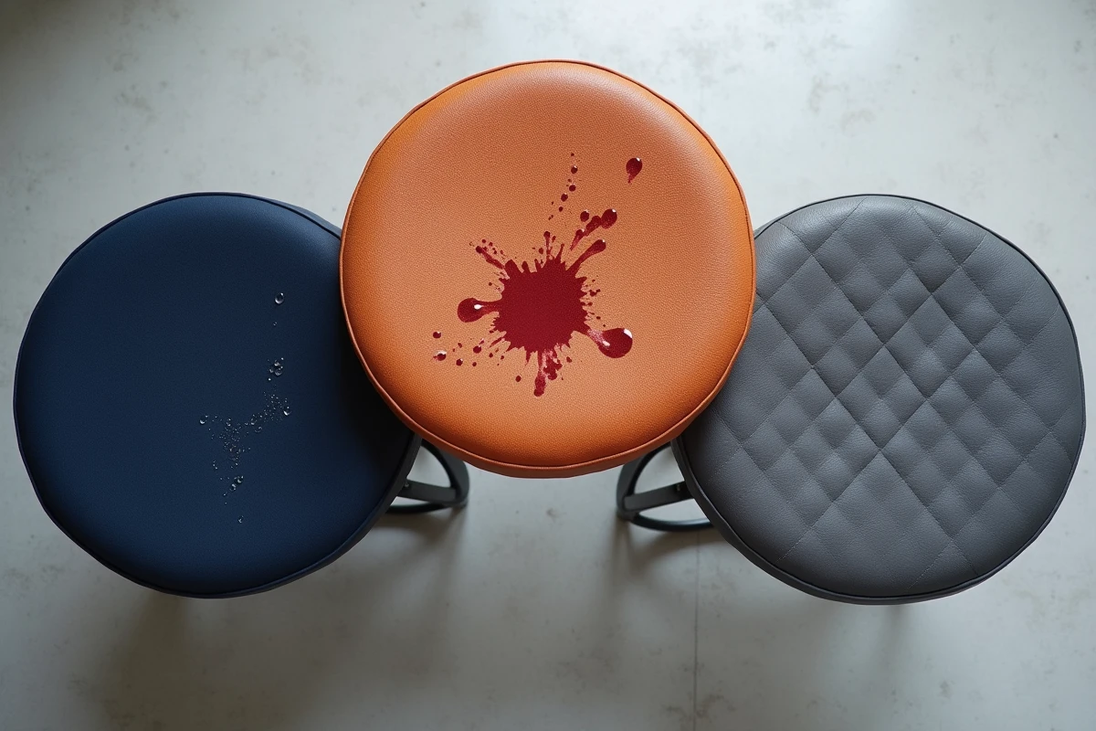 Comparatif de trois housses de tabouret de bar en tissus anti-taches et résistants posées à plat