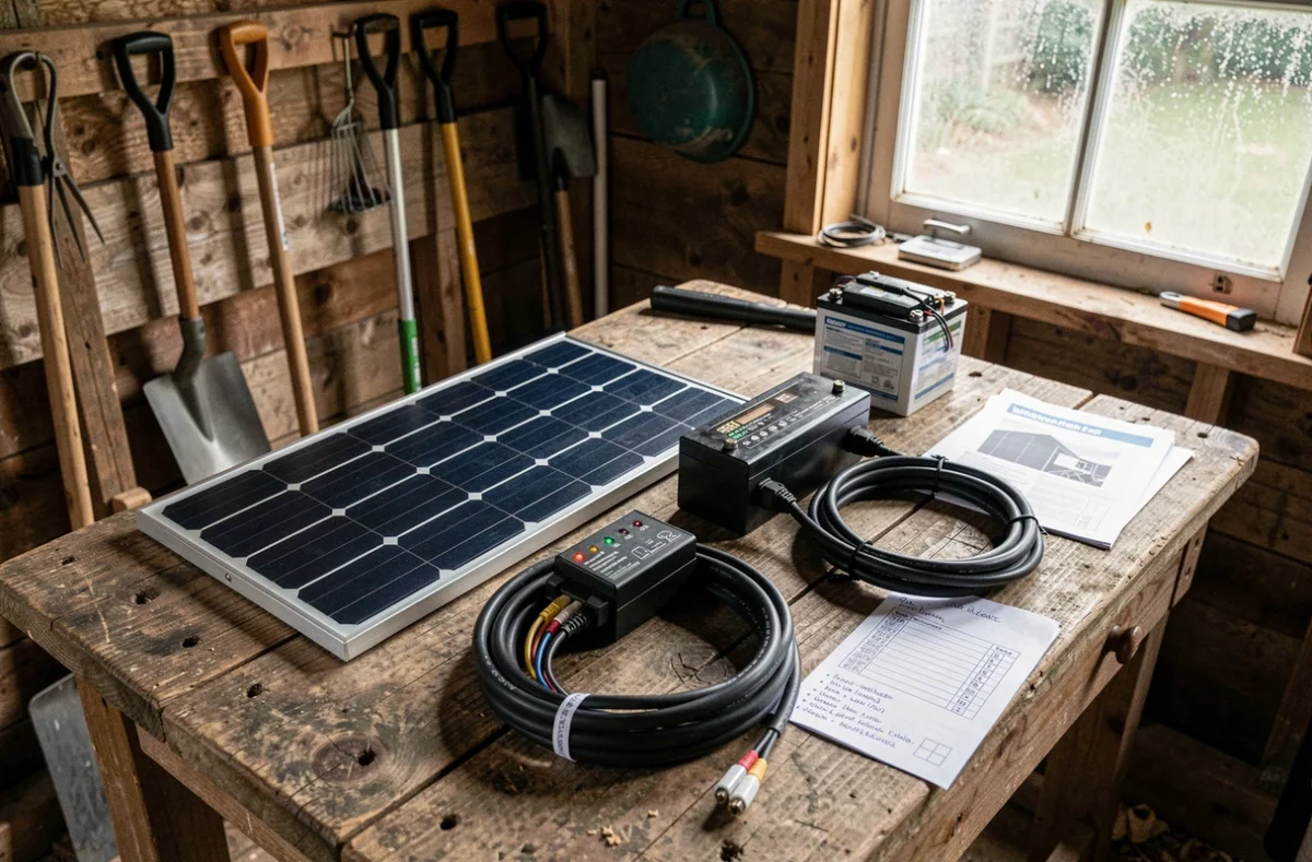 Composants d'un kit solaire pour cabane de jardin disposés sur un établi en bois : panneau, régulateur et batterie