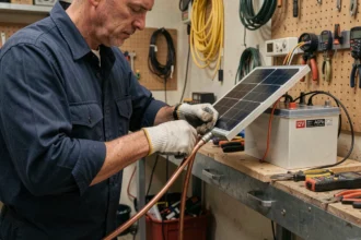 Technicien connectant un panneau solaire à une batterie 12V dans un atelier de garage avec des outils électriques