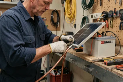 Technicien connectant un panneau solaire à une batterie 12V dans un atelier de garage avec des outils électriques