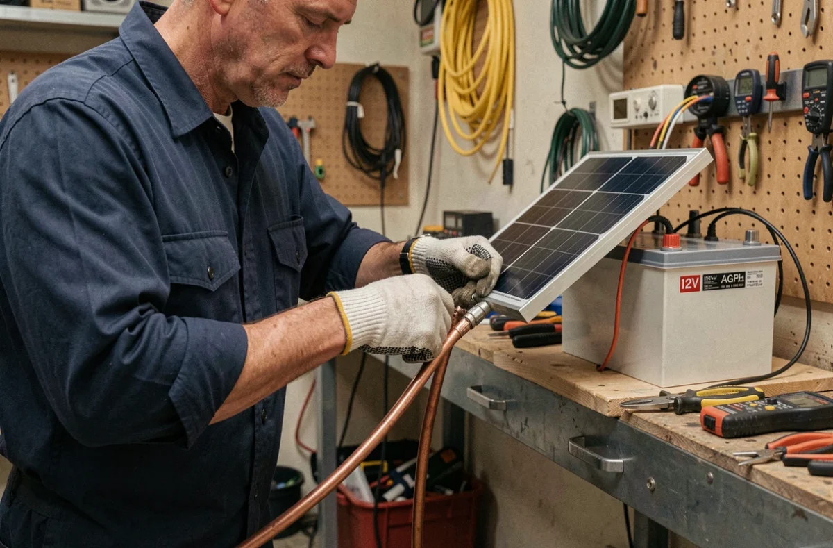 Technicien connectant un panneau solaire à une batterie 12V dans un atelier de garage avec des outils électriques
