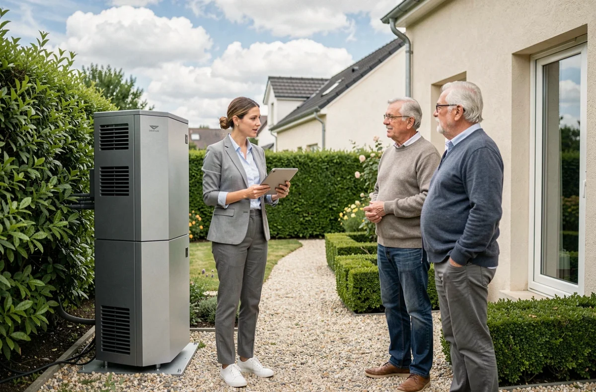 Conseillère en énergie présentant une pompe à chaleur à des propriétaires dans un jardin à Poitiers