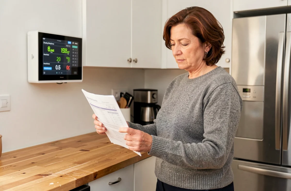 Femme consultant sa facture d'électricité liée à la consommation d'une pompe à chaleur dans une cuisine moderne
