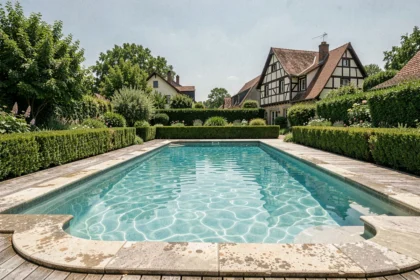 Piscine résidentielle aménagée dans un jardin alsacien avec architecture traditionale en arrière-plan