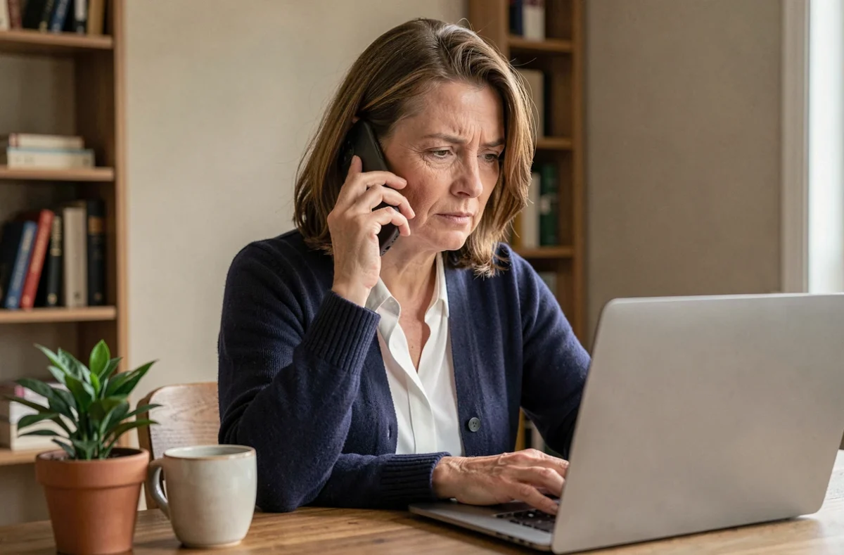 Femme contactant le service client Alinea depuis son domicile pour un problème de retard de livraison