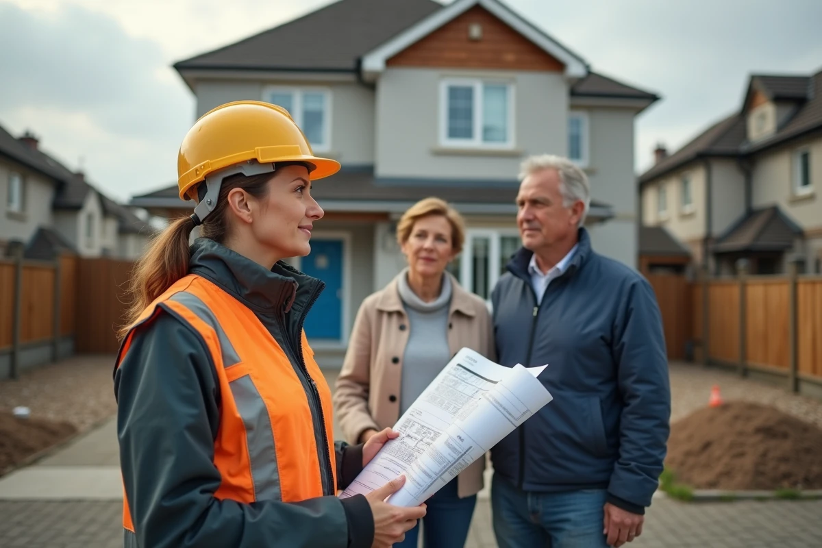 Contractrice montrant des plans à un couple devant une maison