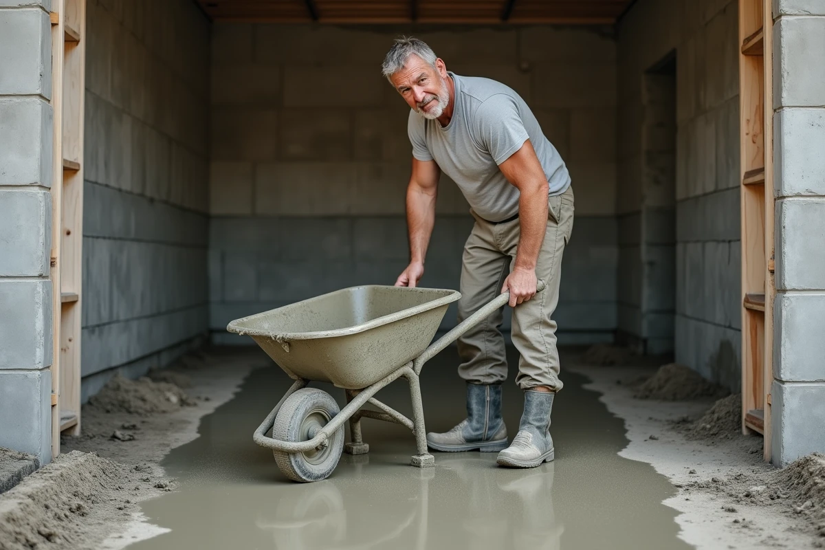 Ouvrier versant du béton frais sur une dalle de garage en cours de construction avec armature en acier visible