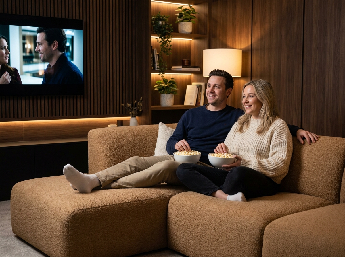 Couple détendu sur un canapé sectionnel en bouclé camel regardant un film dans leur salon home cinéma