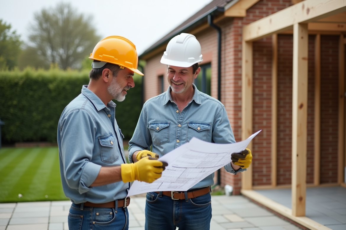 Couple de chantier examinant des plans devant une extension de maison