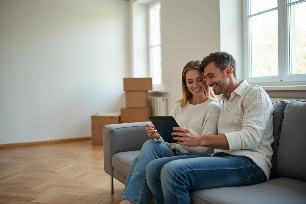 Couple consultant un site de devis décoration sur tablette dans un appartement vide avant l'aménagement intérieur