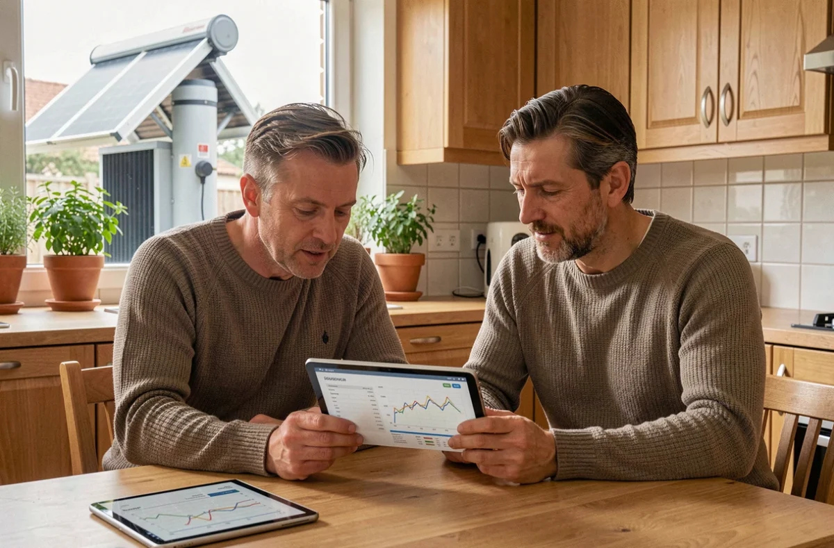 Couple examinant leurs économies d'énergie liées à leur pompe à chaleur solarothermique autour d'une table de cuisine avec la pompe visible par la fenêtre