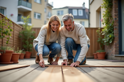 Couple souriant mesurant des planches de bois sur leur terrasse