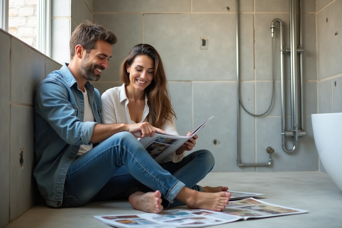 Couple consultant ensemble un magazine de rénovation dans une salle de bain en chantier avec carrelage et plomberie apparente