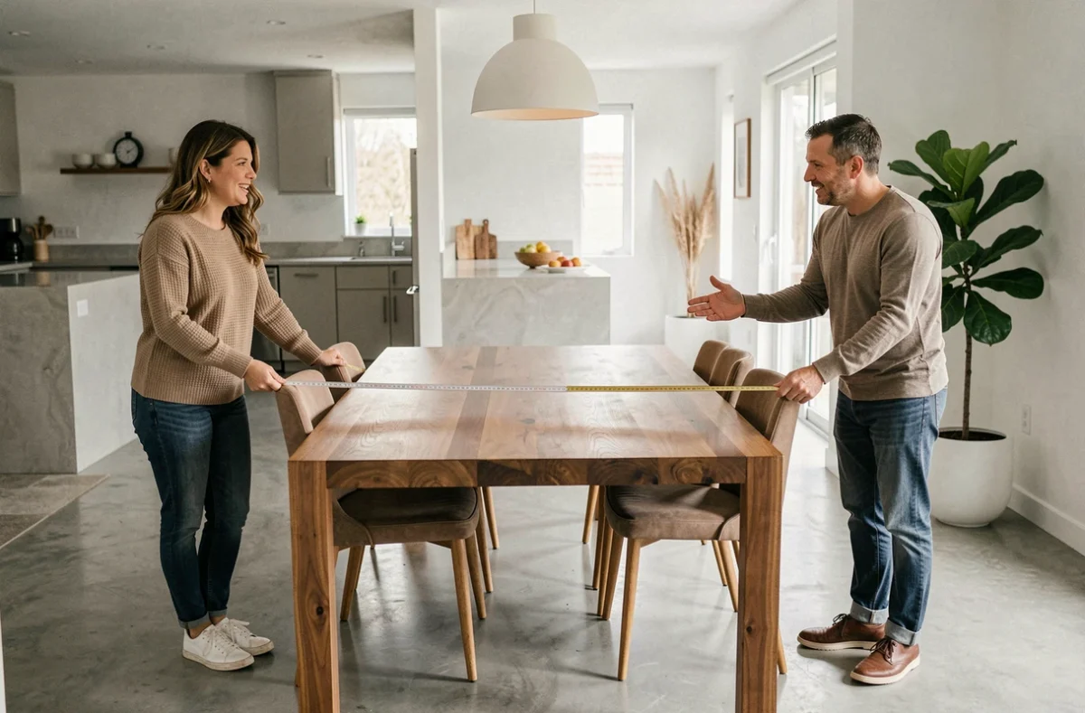 Couple mesurant la longueur d'une grande table à manger rectangulaire dans un salon salle à manger moderne ouvert