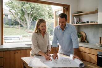 Couple étudiant un plan de maison architectural sur une table en bois dans une cuisine moderne avec vue sur le jardin