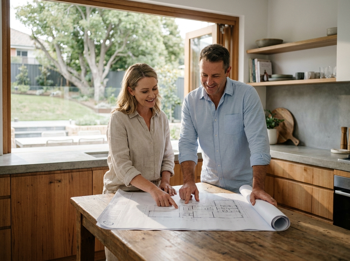 Couple étudiant un plan de maison architectural sur une table en bois dans une cuisine moderne avec vue sur le jardin