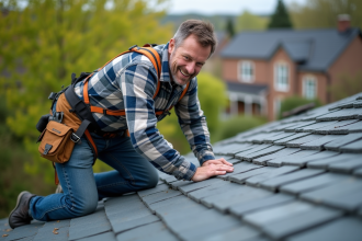 Ouvrier couvreur inspectant un toit en ardoise avec concentration