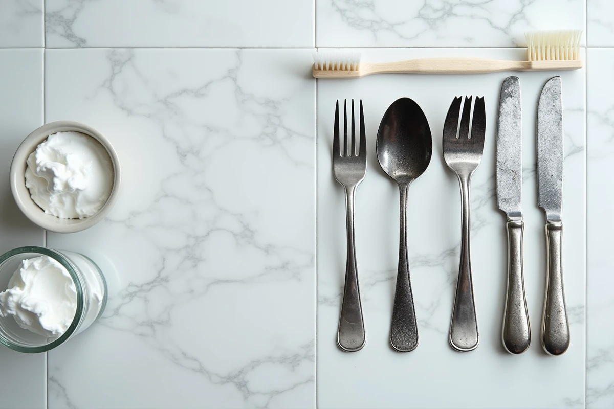 Couverts en argent noirci disposés sur marbre blanc avec brosse à dents et dentifrice pour un nettoyage maison étape par étape