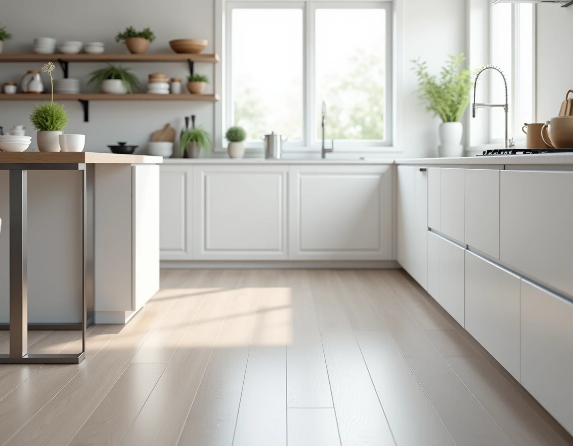 Cuisine moderne avec parquet stratifié gris clair nouvellement posé, îlot central et meubles blancs