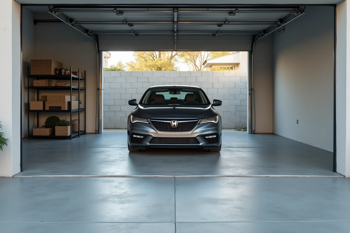 Dalle béton de garage terminée supportant le poids d'une voiture familiale garée en toute sécurité
