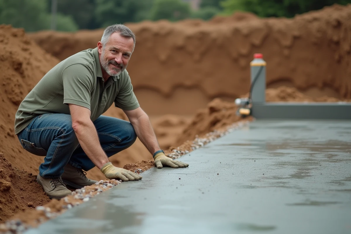 Entrepreneur en bâtiment accroupi près d'une dalle en béton fraîchement coulée pour une piscine en construction, avec coffrage en bois et ferraillage visibles
