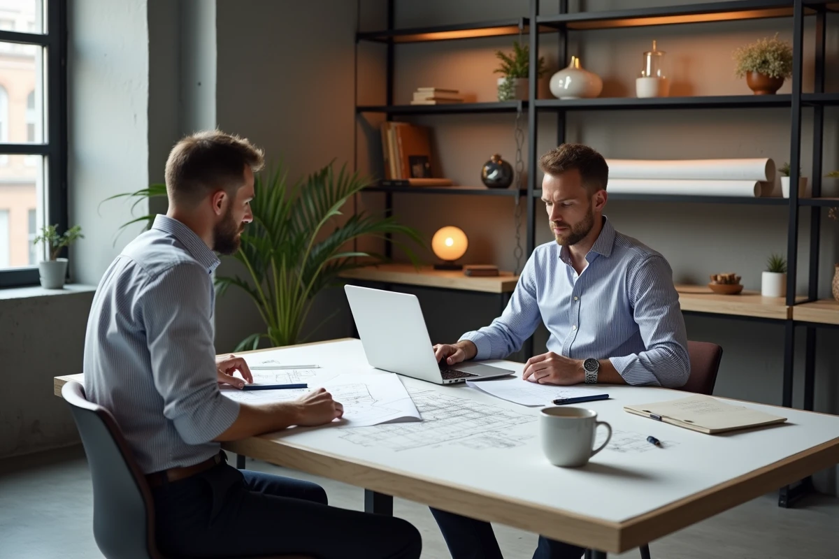 Décorateur d'intérieur professionnel analysant des devis et plans d'aménagement dans un studio de design contemporain