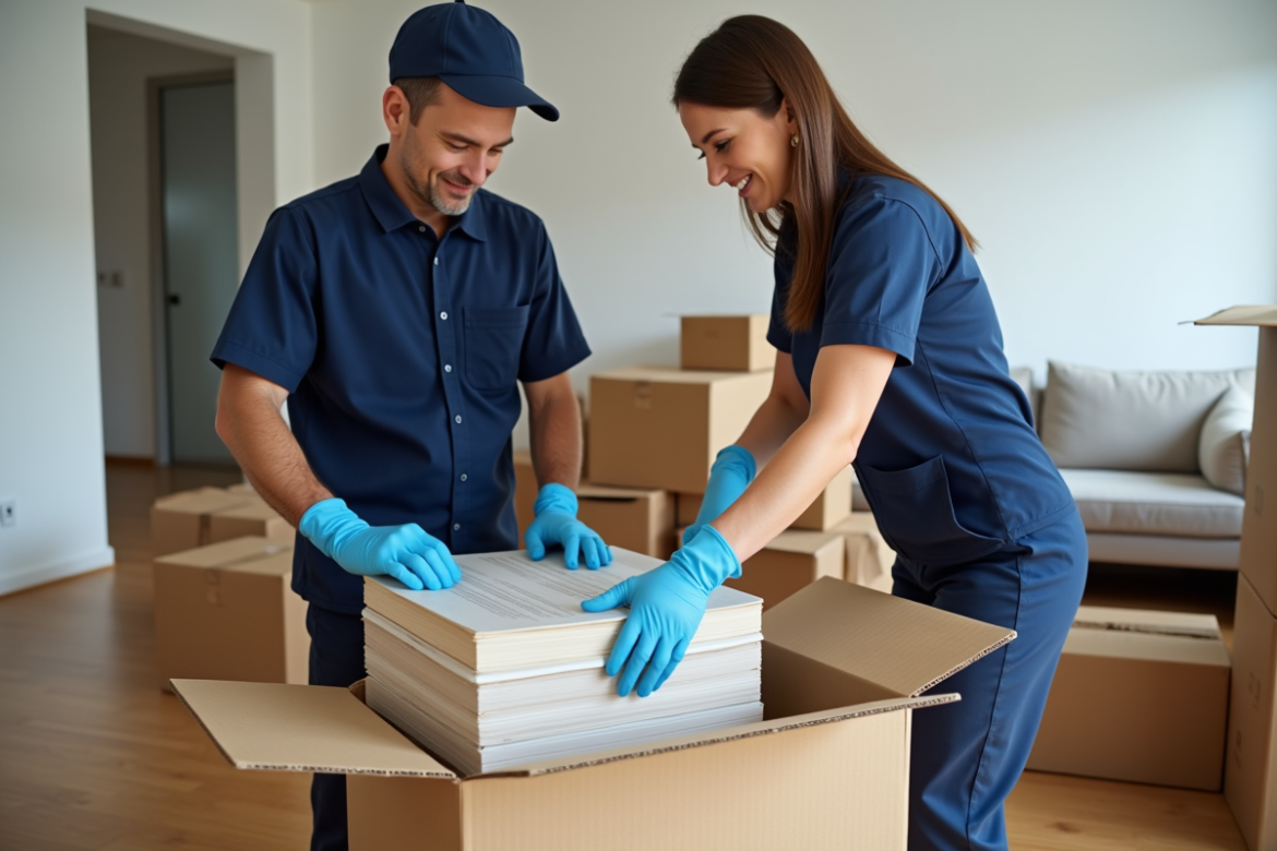 Deux déménageurs professionnels emballant des livres dans un salon moderne