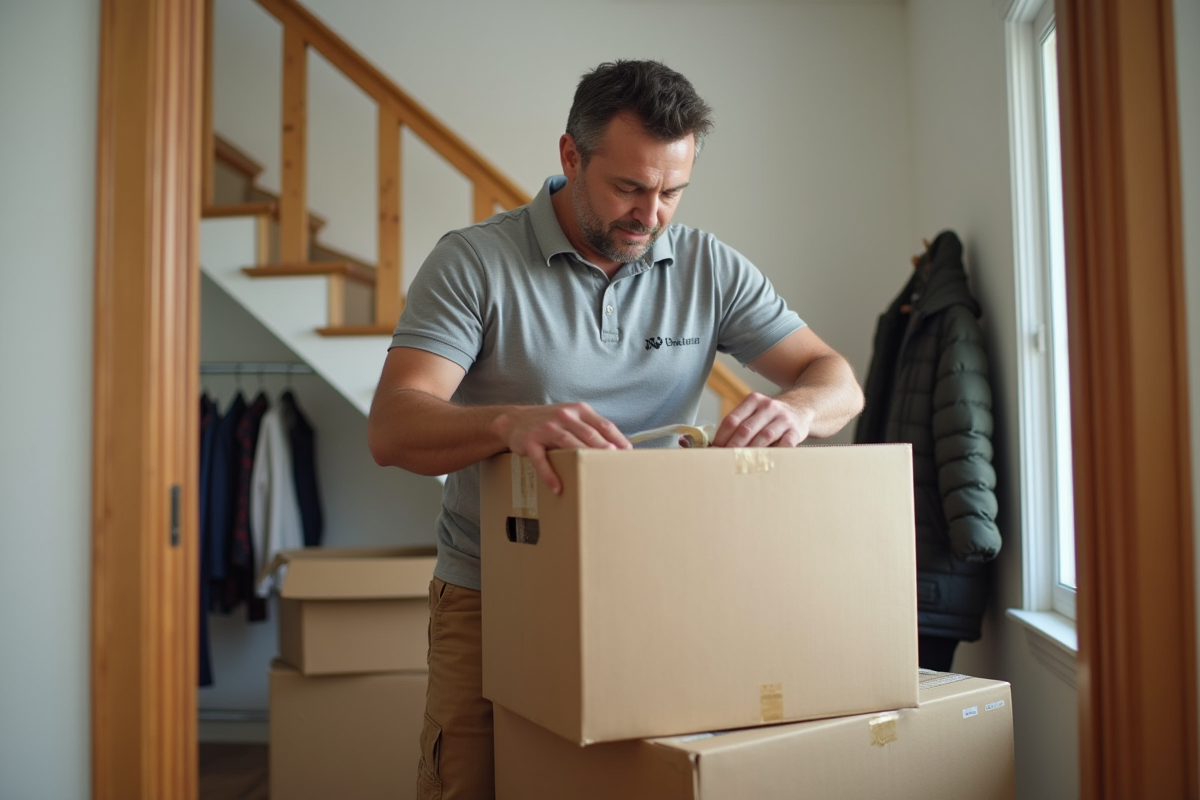Un déménageur scellant une boîte de déménagement dans un couloir lumineux