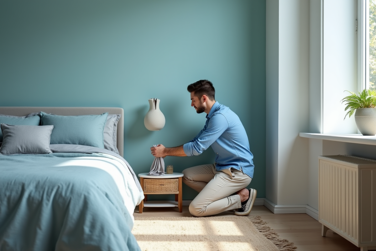 Jeune designer posant des tissus sur un mur peint en bleu pastel