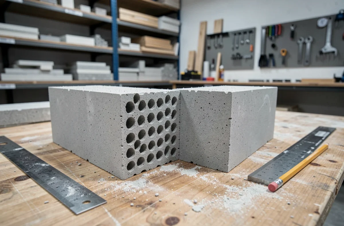 Gros plan de blocs siporex 20 cm coupés révélant la structure alvéolaire interne liée à la résistance thermique