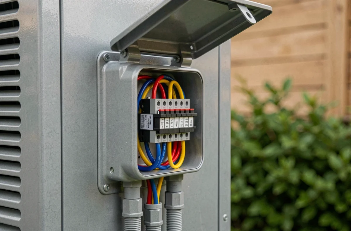 Gros plan sur le boîtier de connexion électrique d'une unité extérieure de pompe à chaleur avec câblage coloré et bornes étiquetées