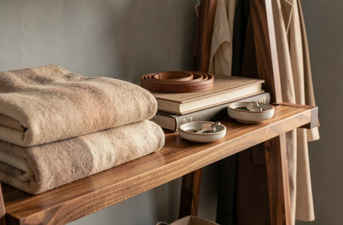 Détail des étagères d'un portant vêtement en bois walnut avec accessoires rangés de manière organisée et élégante